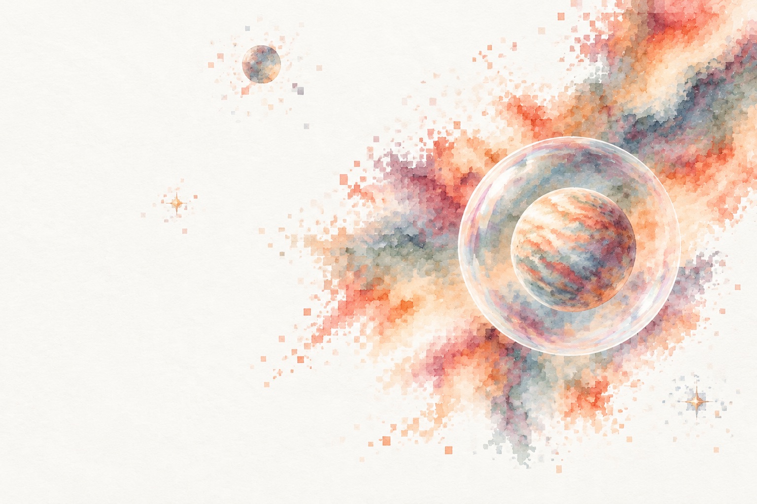 A watercolour planet inside a thin translucent protective sphere