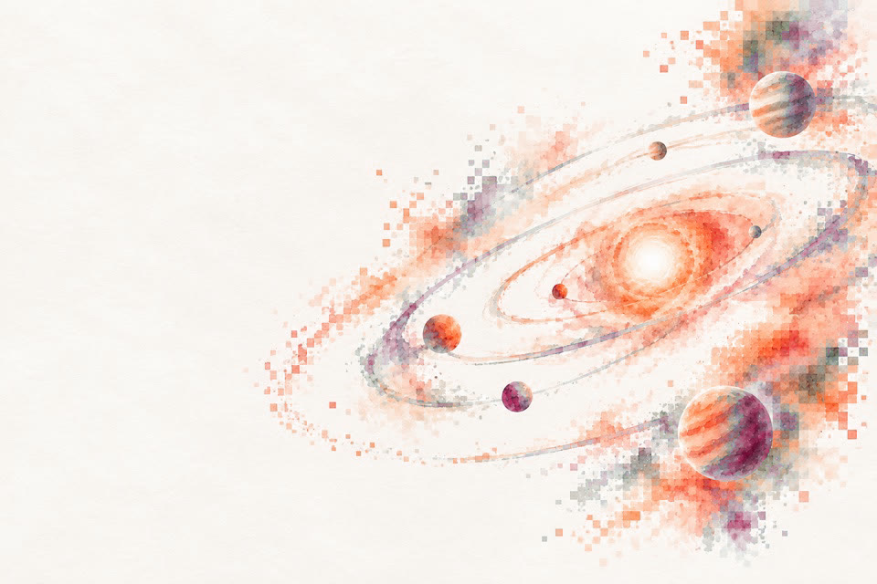 A watercolour star with several orbital paths converging on it