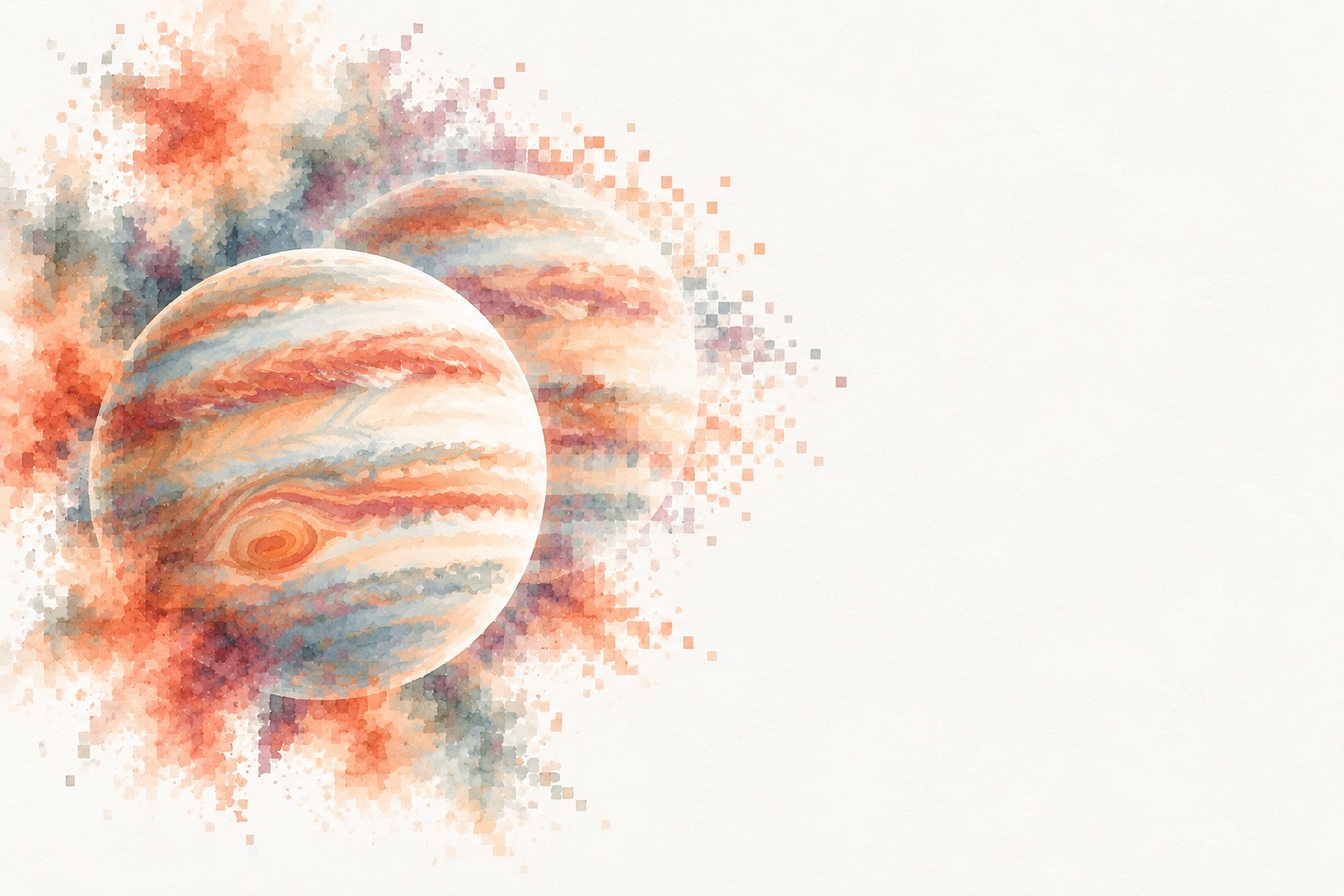 A watercolour planet beside a faint mirage of itself dissolving into pixels